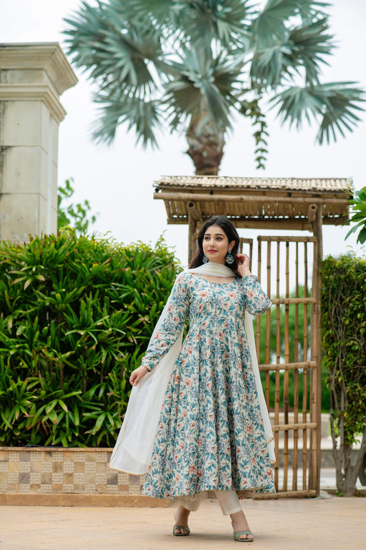 Designer Pure Maslin Fabric Readymade Gown Pant And Dupatta Suit Set