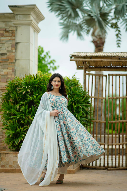 Designer Pure Maslin Fabric Readymade Gown Pant And Dupatta Suit Set
