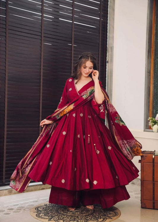 Fabulous Red Color Embroidery Work  Chinnon Silk Anarkali Gown
