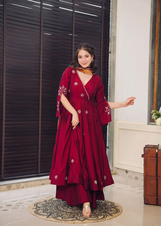 Fabulous Red Color Embroidery Work  Chinnon Silk Anarkali Gown