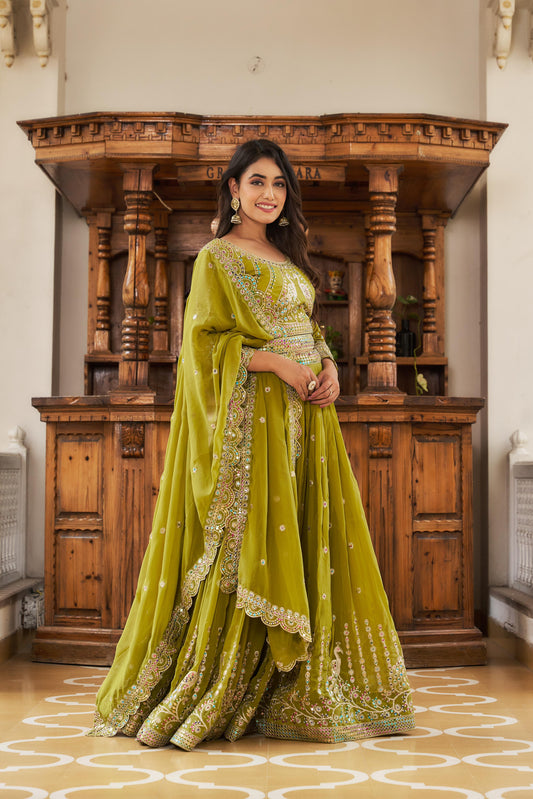 Wedding Wear Georgette Mehndi & Purple Color Lehenga Choli
