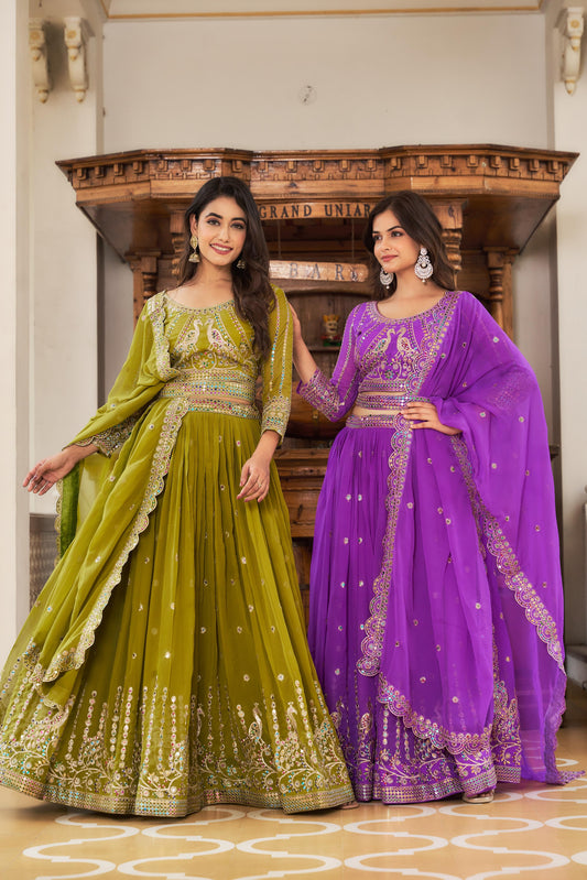 Wedding Wear Georgette Mehndi & Purple Color Lehenga Choli