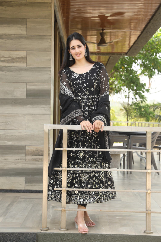 Fancy Black Color Georgette Anarkali Suit Set