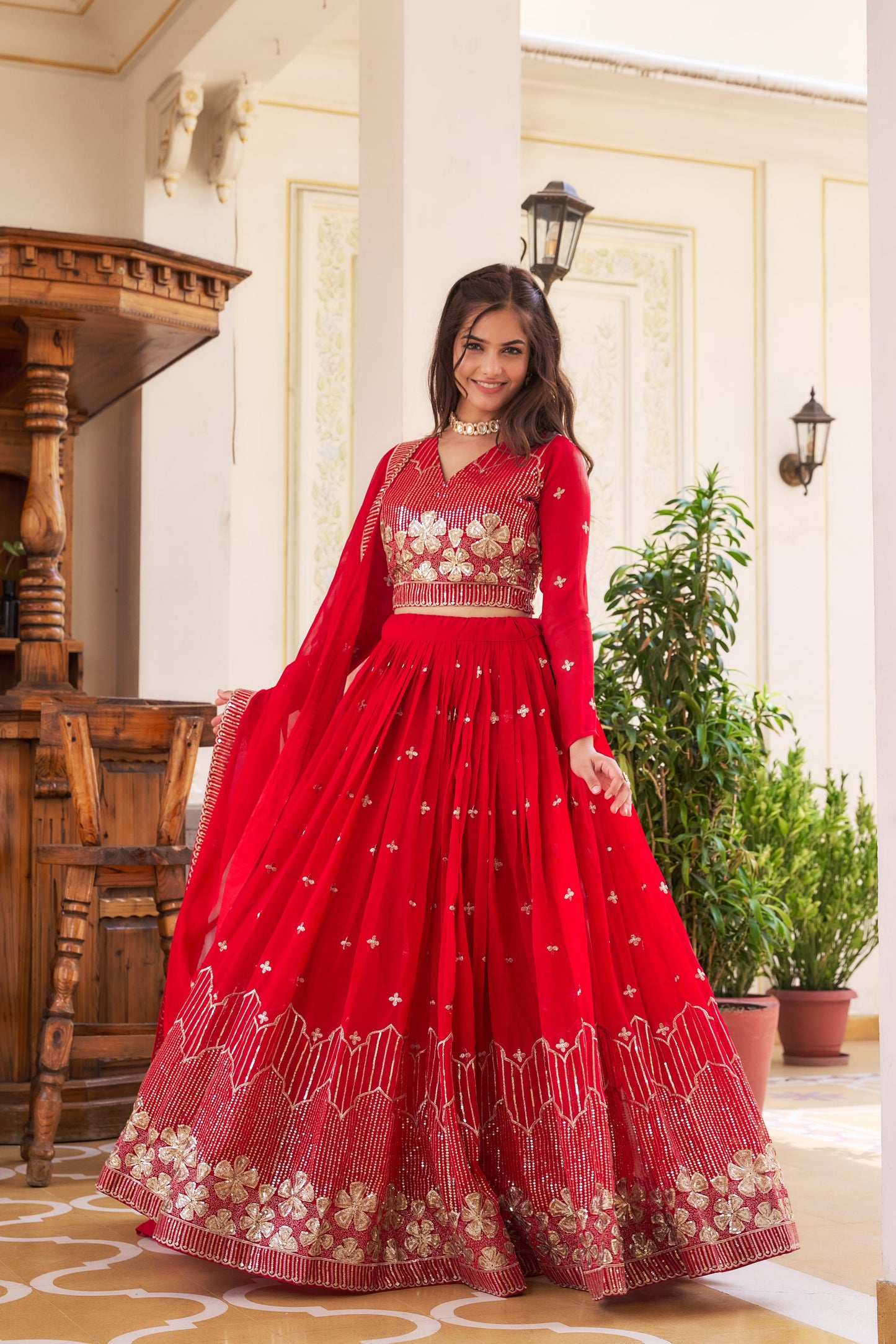 Classy Sequence Work Red & Yellow Color Lehenga Choli