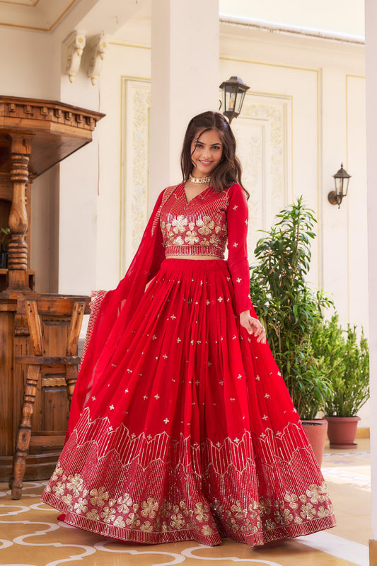 Classy Sequence Work Red & Yellow Color Lehenga Choli