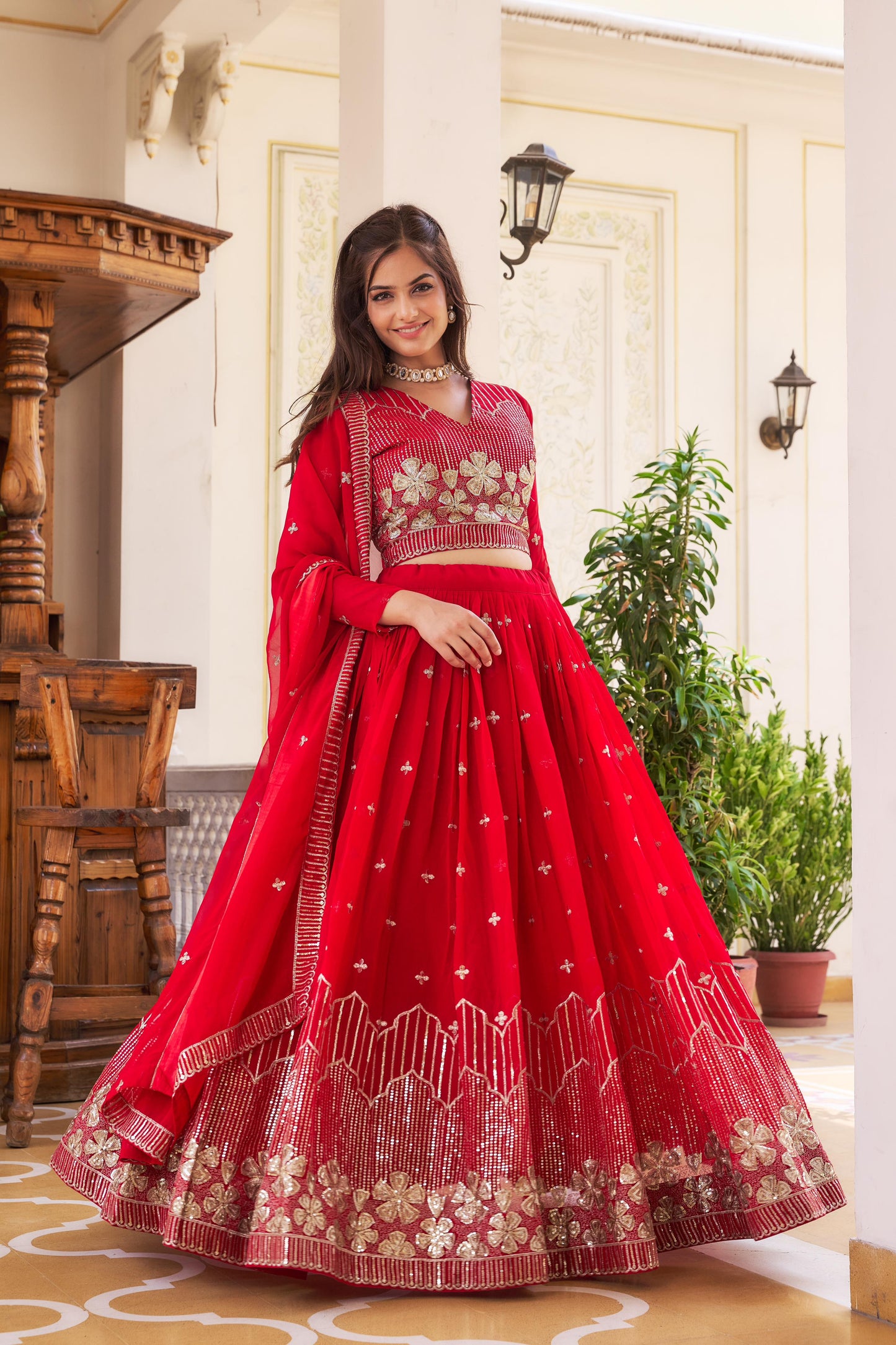 Classy Sequence Work Red & Yellow Color Lehenga Choli