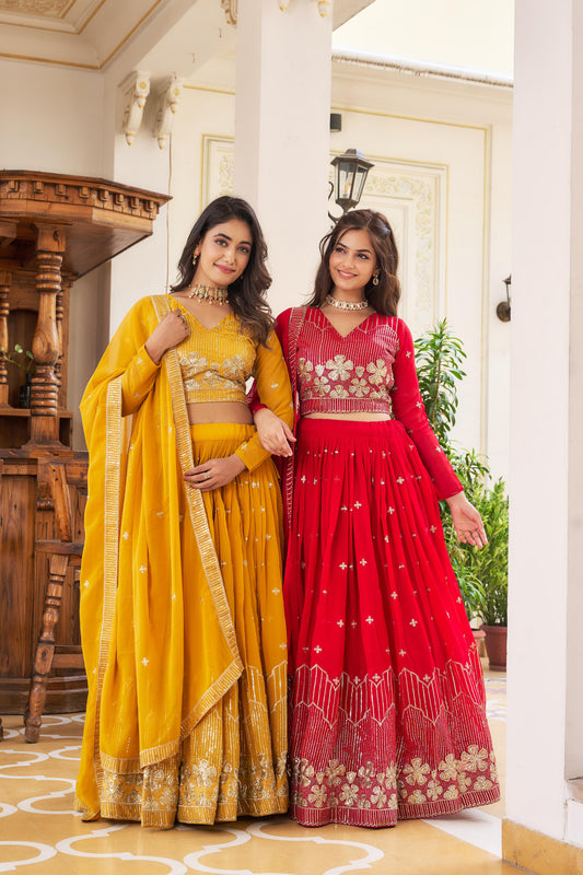 Classy Sequence Work Red & Yellow Color Lehenga Choli