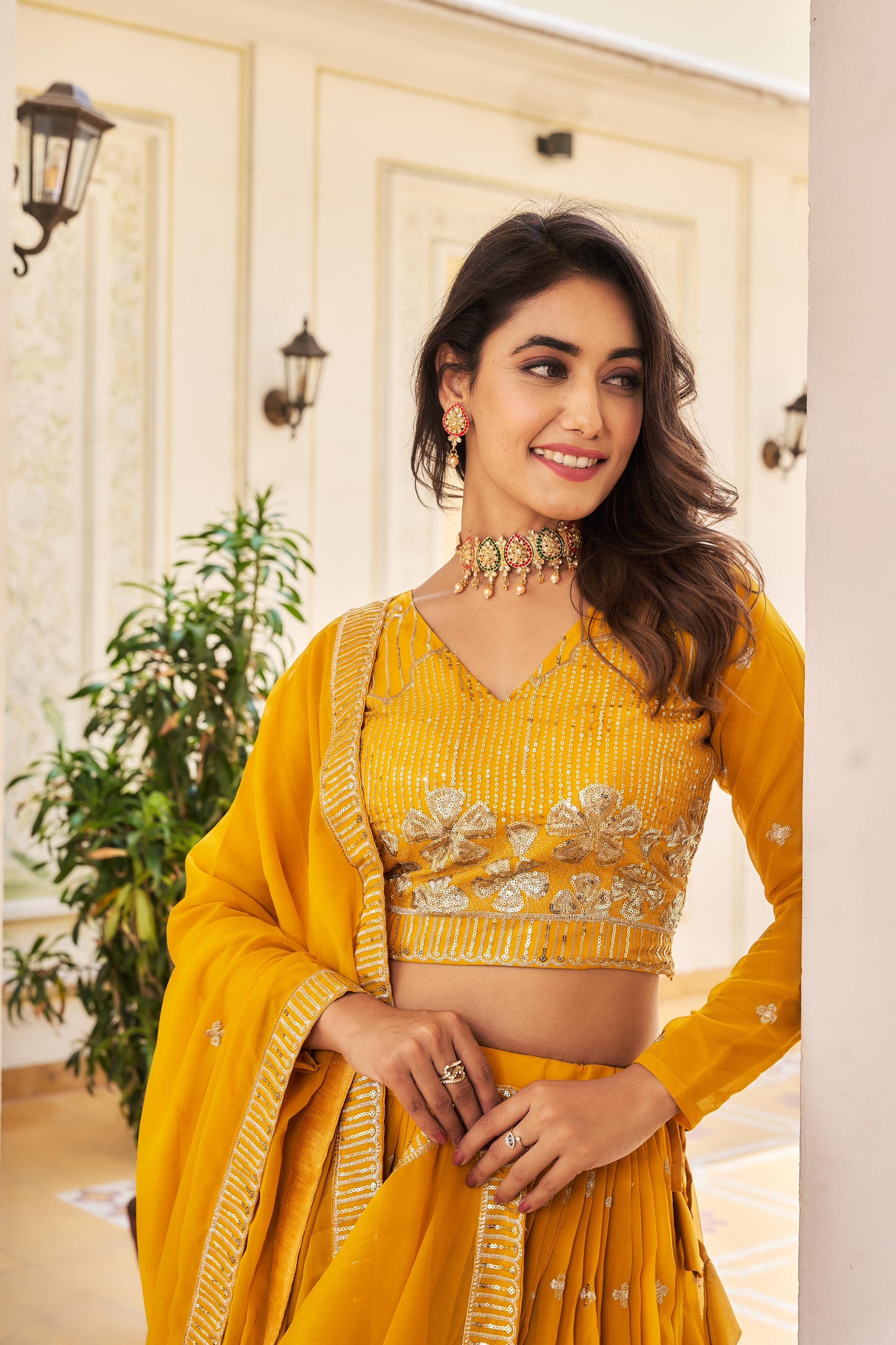 Classy Sequence Work Red & Yellow Color Lehenga Choli