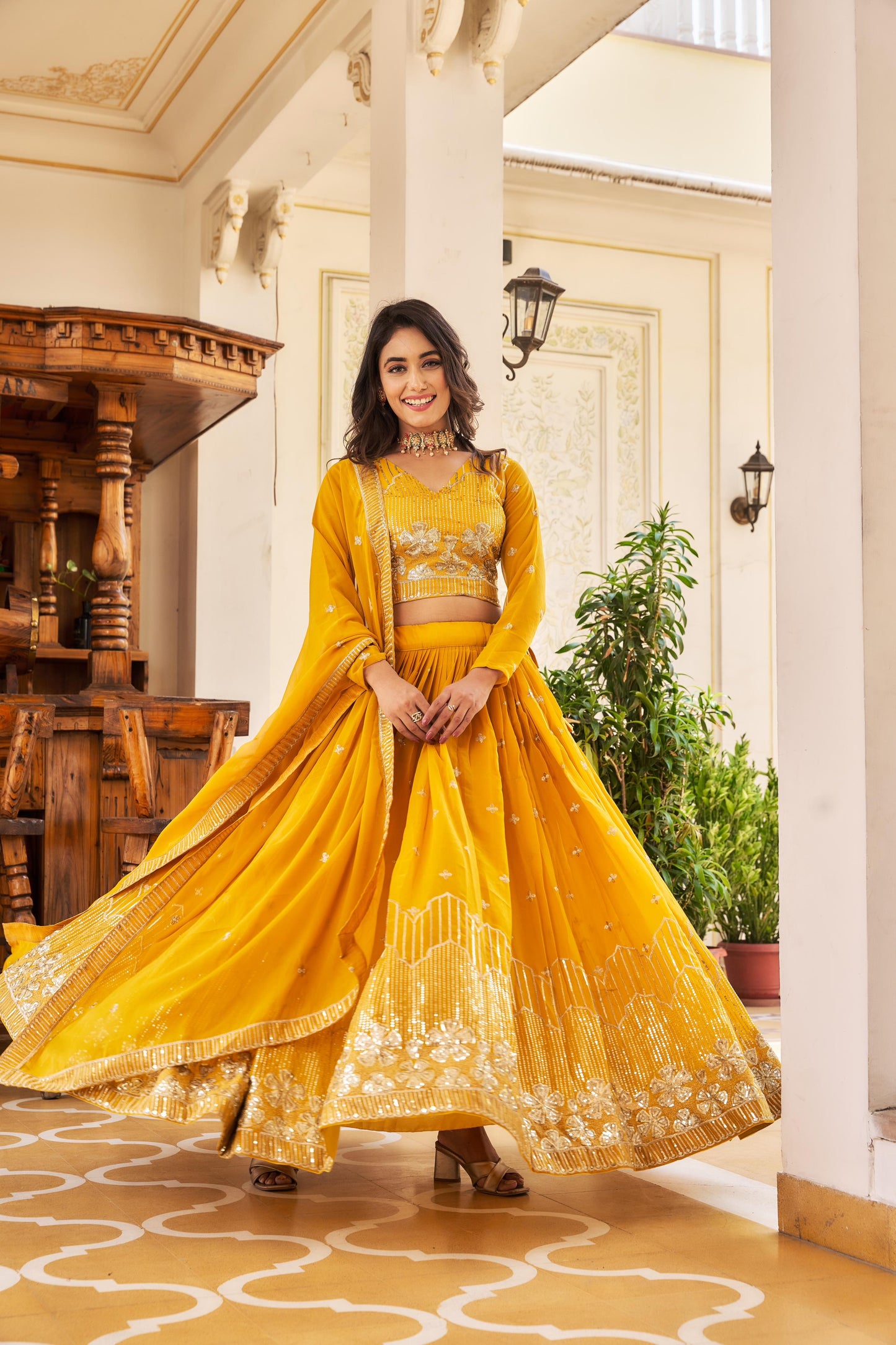 Classy Sequence Work Red & Yellow Color Lehenga Choli