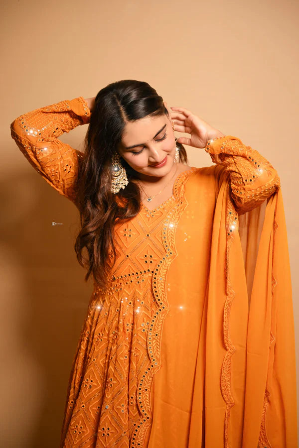 Function Wear Georgette White And Orange Color Anarkali Gown