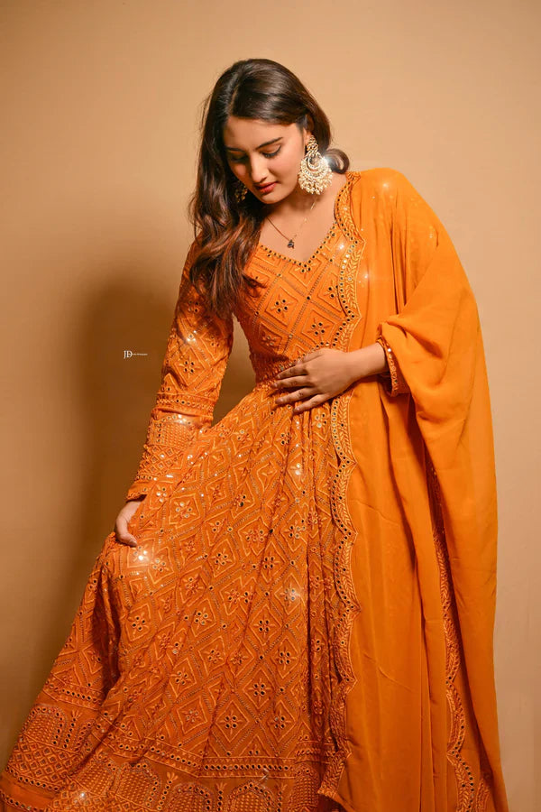 Function Wear Georgette White And Orange Color Anarkali Gown