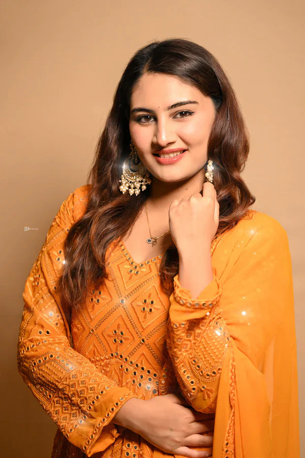 Function Wear Georgette White And Orange Color Anarkali Gown