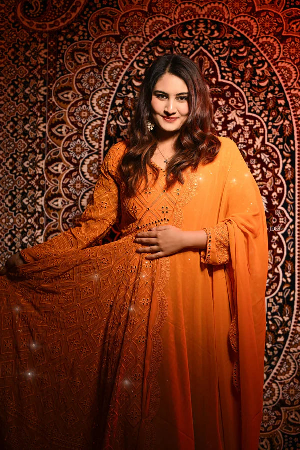 Function Wear Georgette White And Orange Color Anarkali Gown