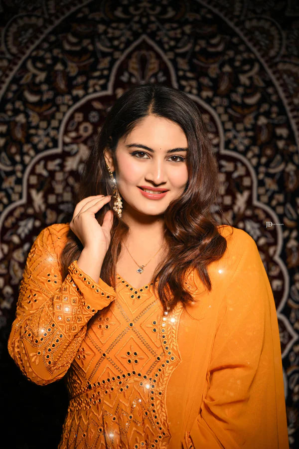 Function Wear Georgette White And Orange Color Anarkali Gown