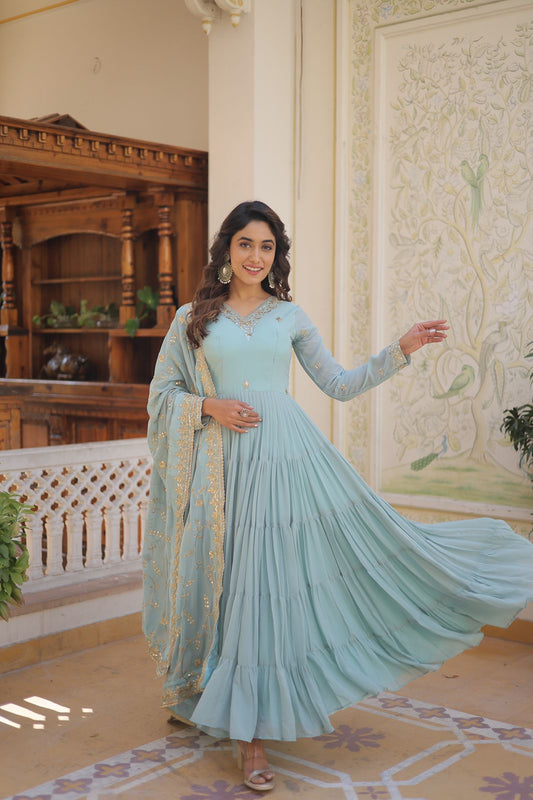 Luxuriant Ruffle Mehndi, Sky Blue, Yellow And Lavendar Color Gown