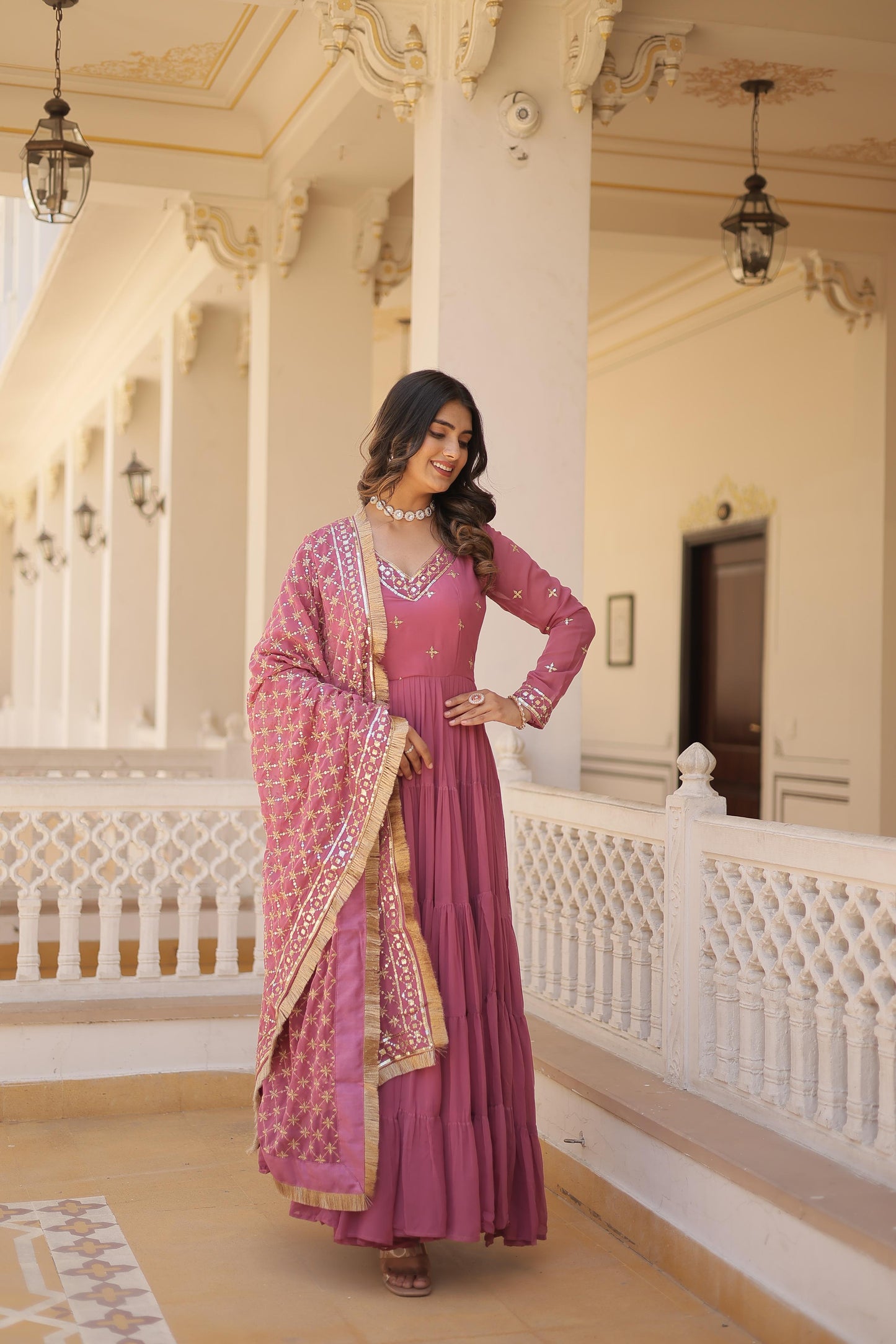Captivating Georgette Onion And Mehndi Color Layer Flair Gown