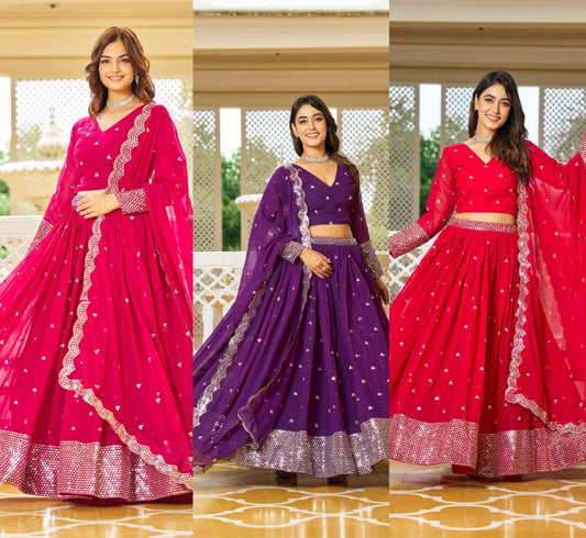 Beautiful Georgette Pink, Purple And Red Color Lehenga Choli
