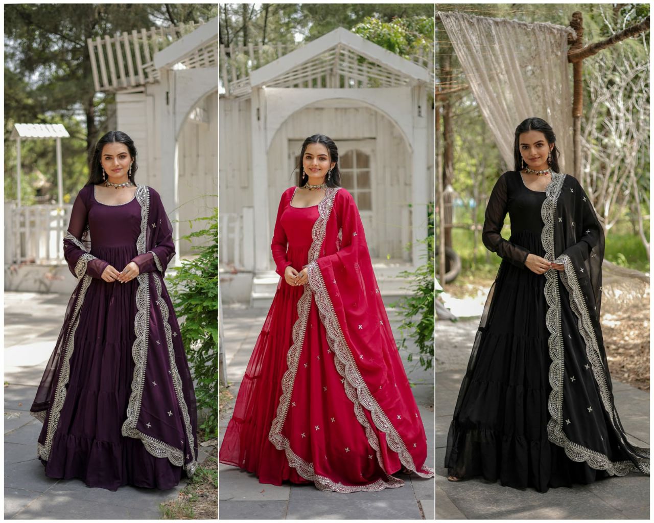 Precious Round Neck Mehndi, White And Maroon Color Gown With Heavy Dupatta