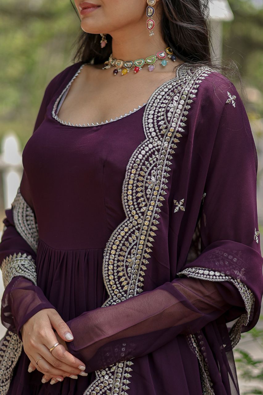 Precious Round Neck Mehndi, White And Maroon Color Gown With Heavy Dupatta