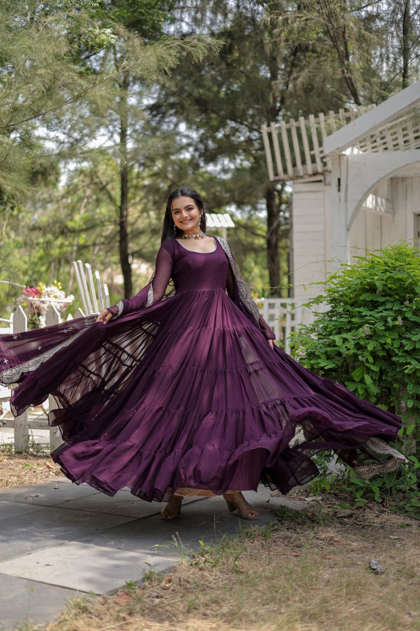 Precious Round Neck Mehndi, White And Maroon Color Gown With Heavy Dupatta