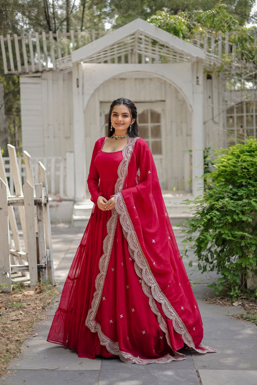 Precious Round Neck Mehndi, White And Maroon Color Gown With Heavy Dupatta
