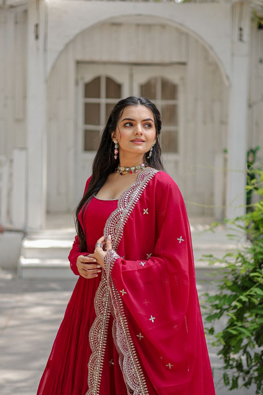 Precious Round Neck Mehndi, White And Maroon Color Gown With Heavy Dupatta
