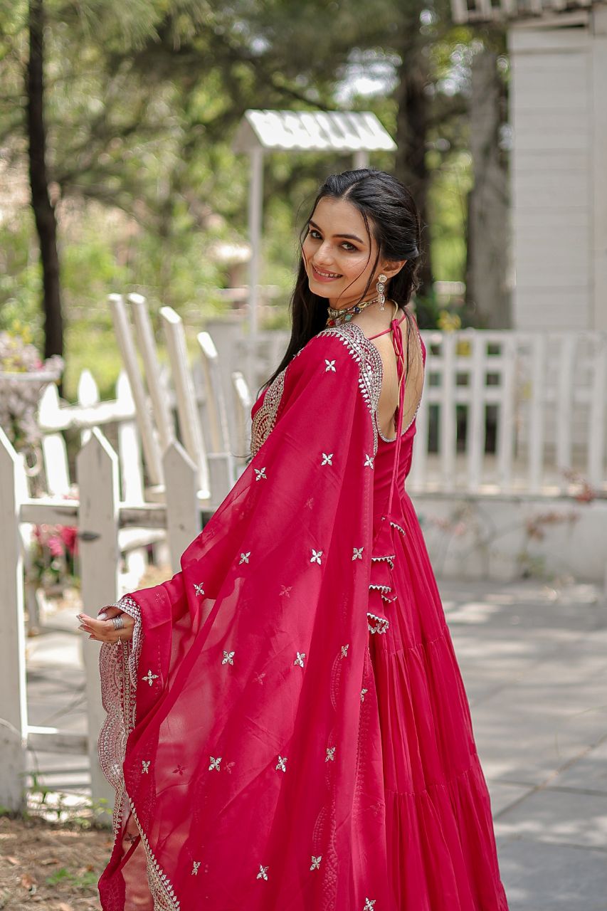 Precious Round Neck Mehndi, White And Maroon Color Gown With Heavy Dupatta
