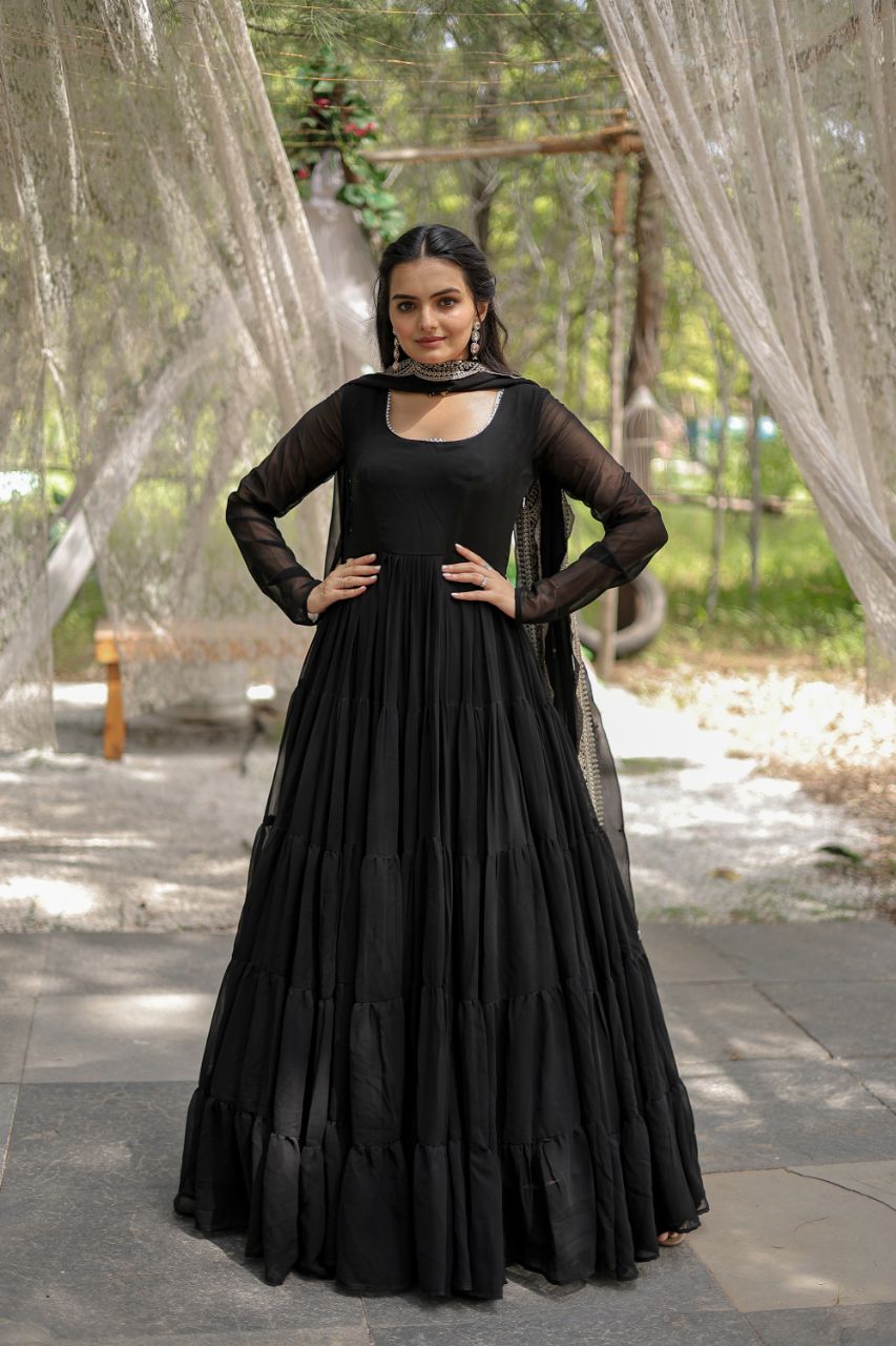 Precious Round Neck Mehndi, White And Maroon Color Gown With Heavy Dupatta