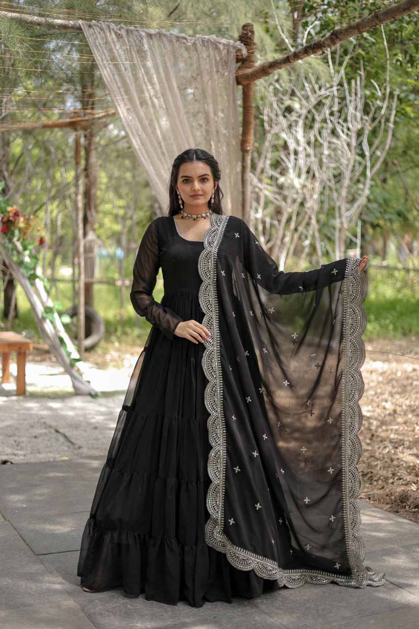 Precious Round Neck Mehndi, White And Maroon Color Gown With Heavy Dupatta