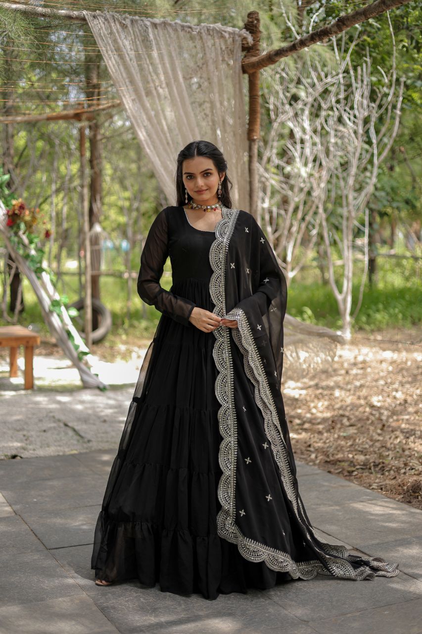 Precious Round Neck Mehndi, White And Maroon Color Gown With Heavy Dupatta