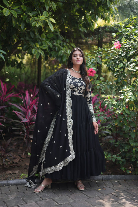 Festive Wear Pink And Black Color Jacquard Work Gown
