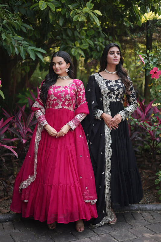 Festive Wear Pink And Black Color Jacquard Work Gown