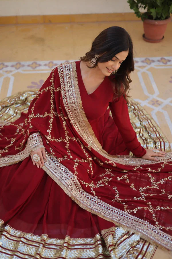 Wedding Wear Sequence Work Maroon Color Gown