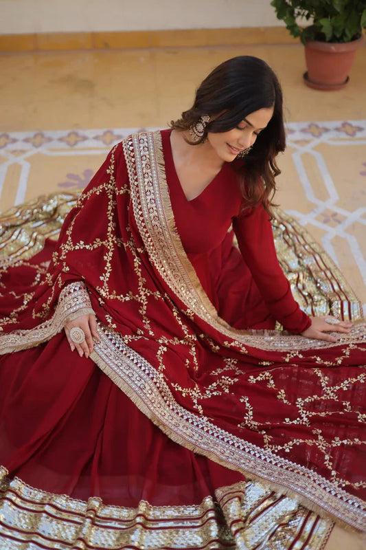 Wedding Wear Sequence Work Maroon Color Gown