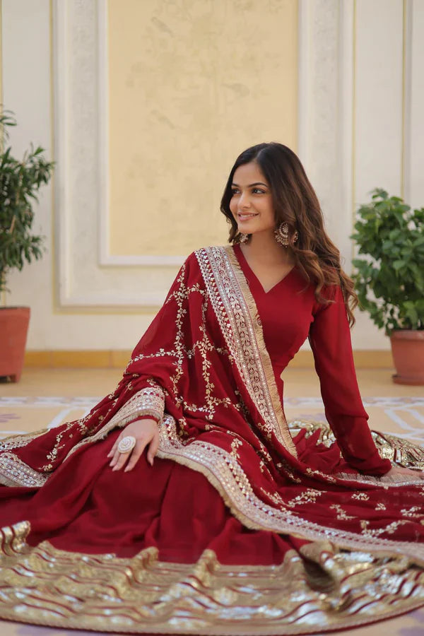 Wedding Wear Sequence Work Maroon Color Gown