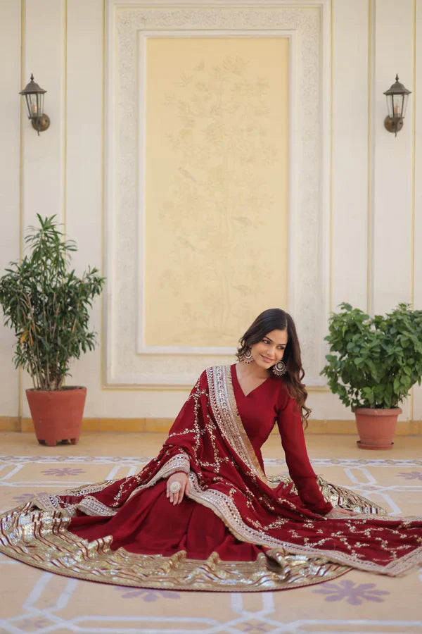 Wedding Wear Sequence Work Maroon Color Gown