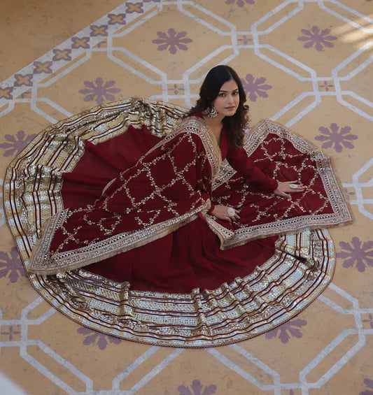 Wedding Wear Sequence Work Maroon Color Gown