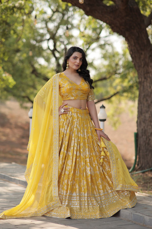 Weeding Wear Yellow And Maroon Color Jacquard Sequence Work Lehenga Choli