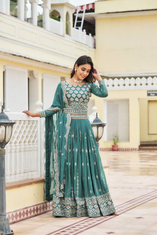 Luxuriant Sky & Pink Color Georgette Lehenga Choli