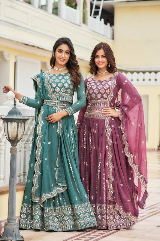 Luxuriant Sky & Pink Color Georgette Lehenga Choli