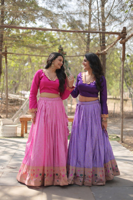 Graceful Lavender And Pink Color Kalamkari Zari Border Lehenga Choli
