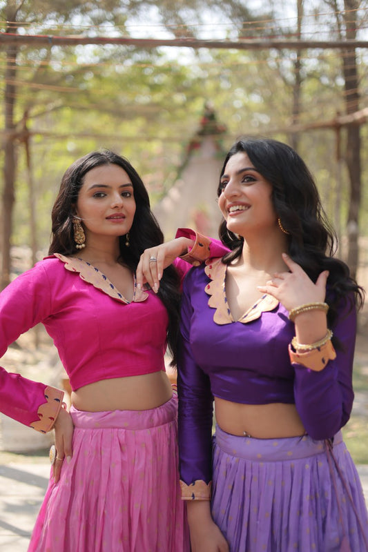 Graceful Lavender And Pink Color Kalamkari Zari Border Lehenga Choli