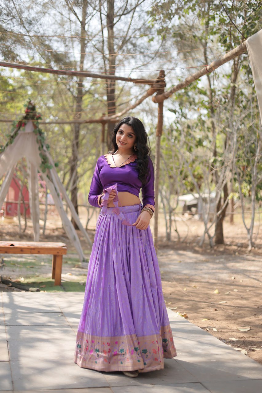 Graceful Lavender And Pink Color Kalamkari Zari Border Lehenga Choli