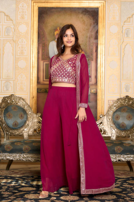 Traditional Wear Georgette Red & Purple Color Palazzo With Shrug