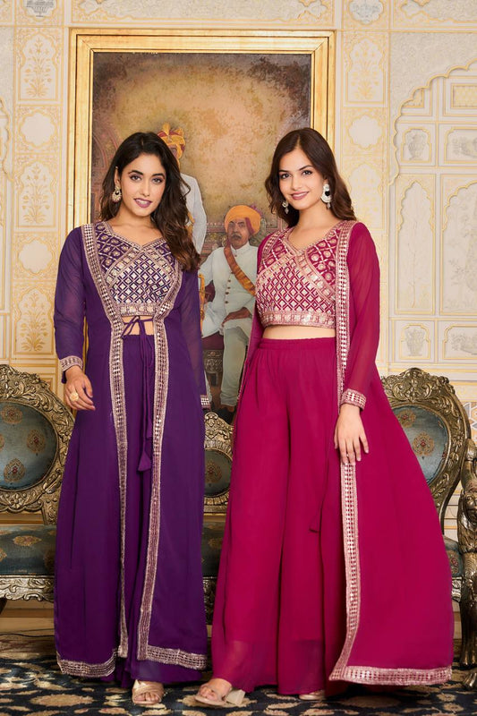 Traditional Wear Georgette Red & Purple Color Palazzo With Shrug