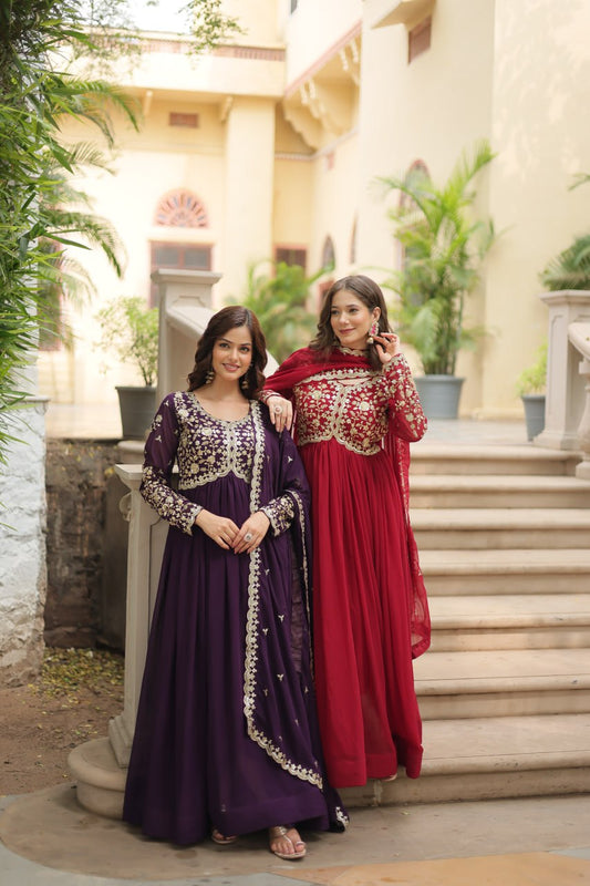 Awesome Maroon And Wine Color Embroidered Work Kalamkari Border Gown