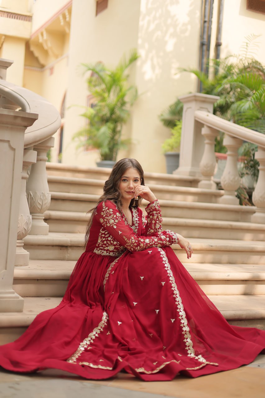 Awesome Maroon And Wine Color Embroidered Work Kalamkari Border Gown