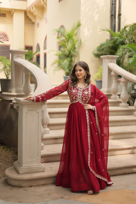 Awesome Maroon And Wine Color Embroidered Work Kalamkari Border Gown