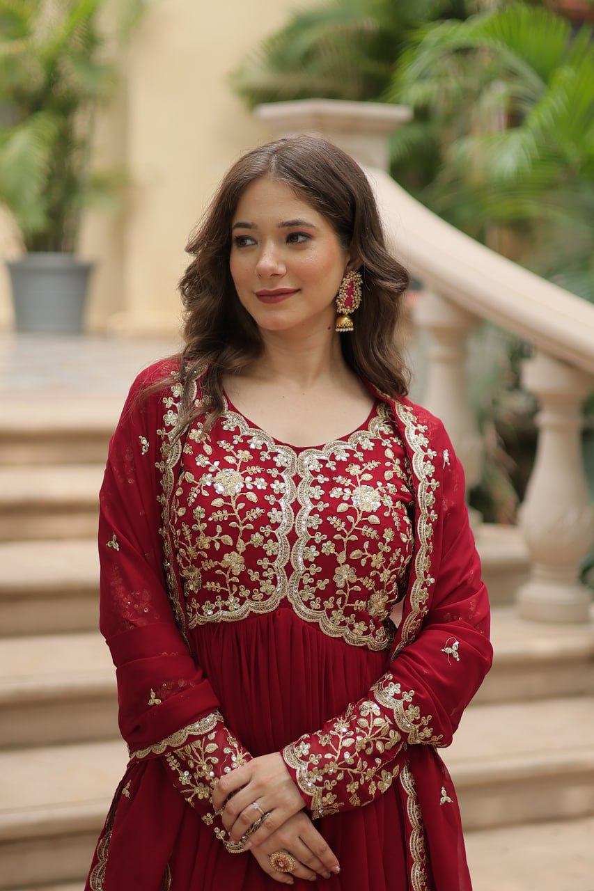 Awesome Maroon And Wine Color Embroidered Work Kalamkari Border Gown