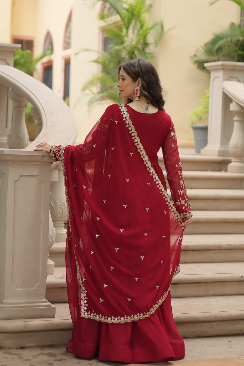 Awesome Maroon And Wine Color Embroidered Work Kalamkari Border Gown